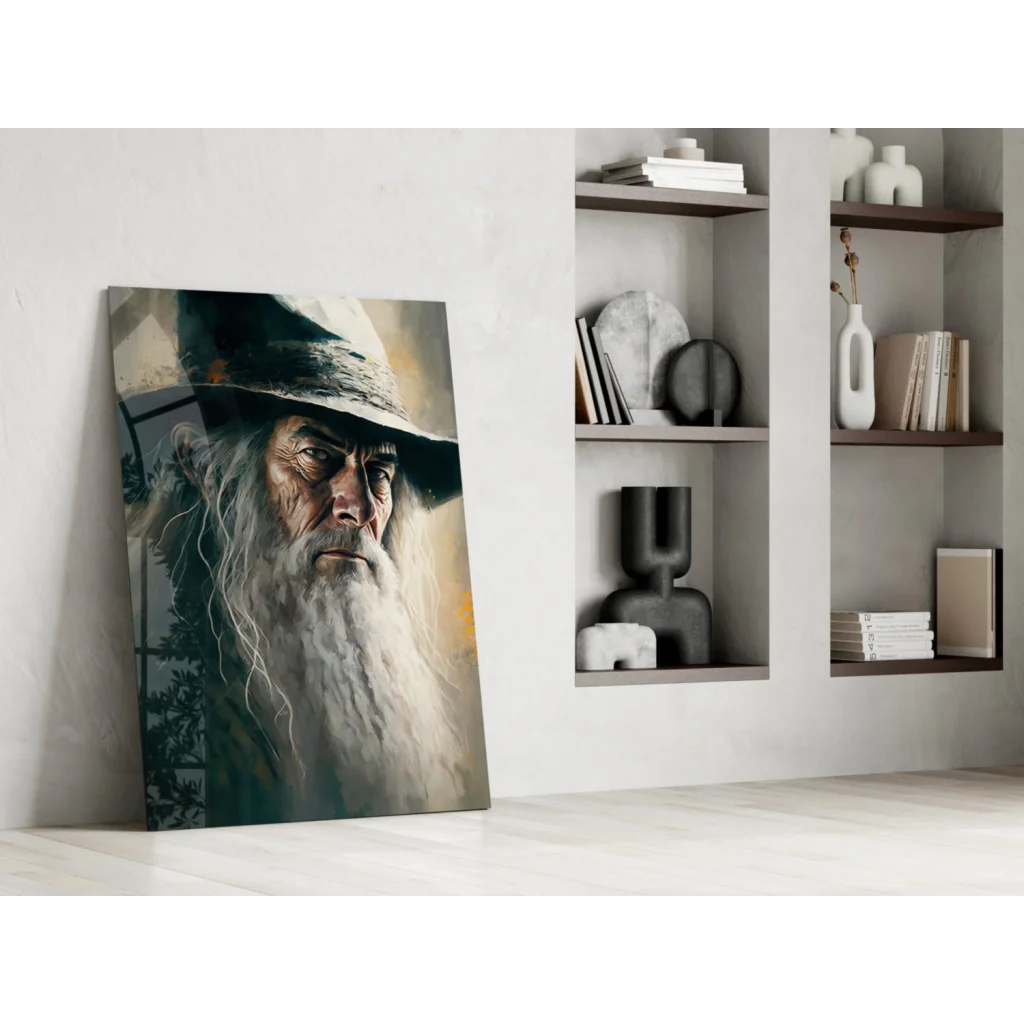 Gandalf the Grey glass wall art portrait with dramatic lighting