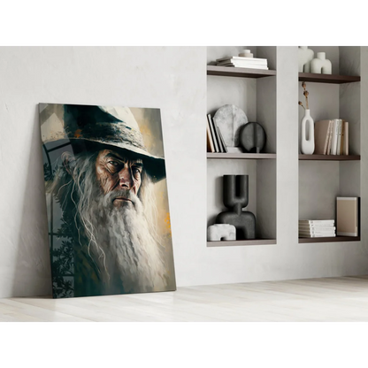 Gandalf the Grey glass wall art portrait with dramatic lighting