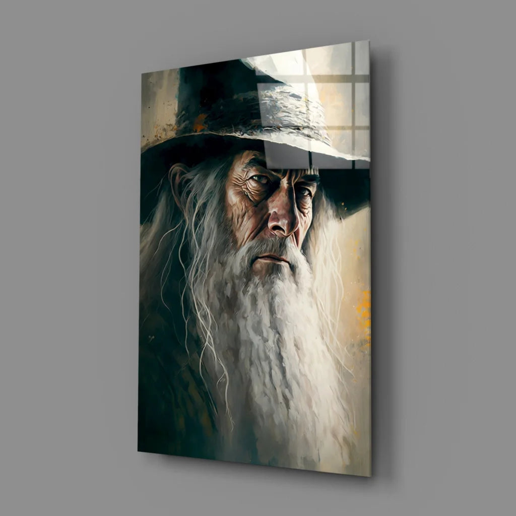 Gandalf the Grey glass wall art portrait with dramatic lighting