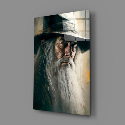 Gandalf the Grey glass wall art portrait with dramatic lighting