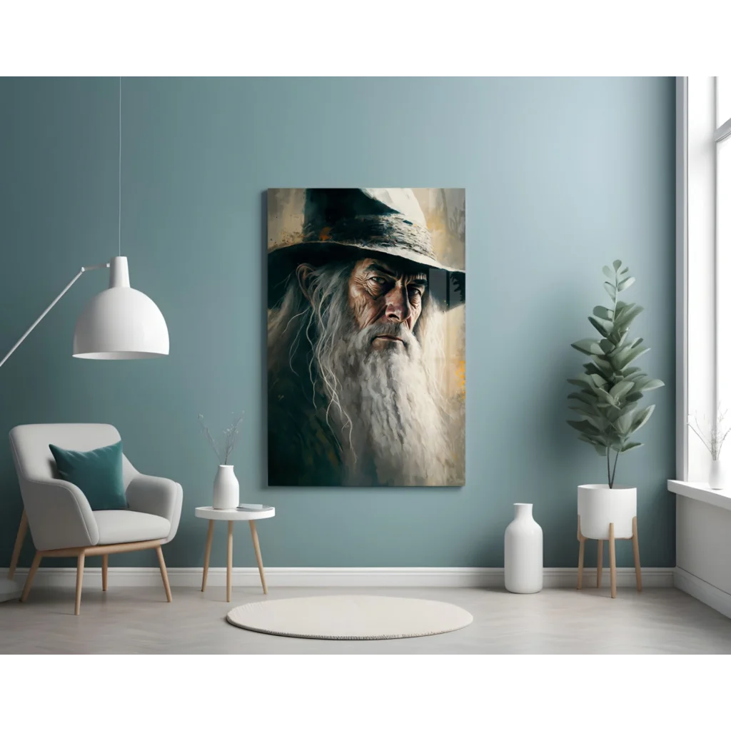 Gandalf portrait glass wall art with bearded man in hat and warm lighting