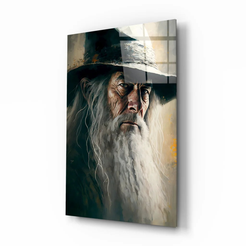 Gandalf the Grey glass wall art portrait with dramatic lighting