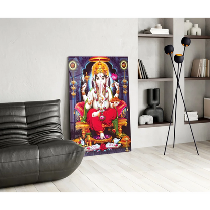 Vibrant Ganesha glass wall art in gold and red on ornate throne