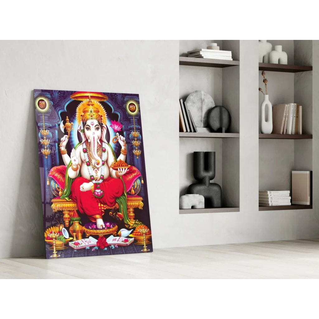 Vibrant Ganesha glass wall art in gold and red on ornate throne