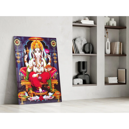 Vibrant Ganesha glass wall art in gold and red on ornate throne