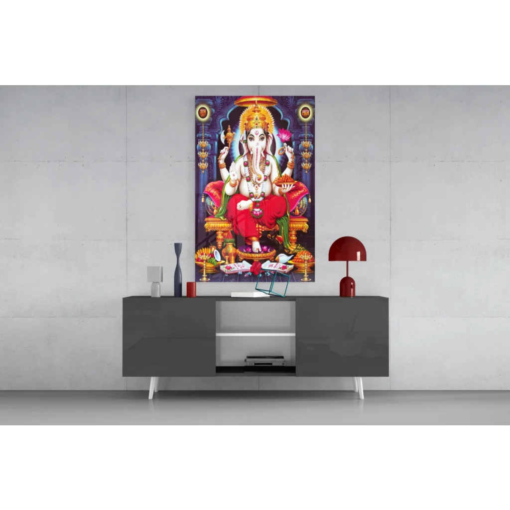Vibrant Ganesha glass wall art poster in gold and red