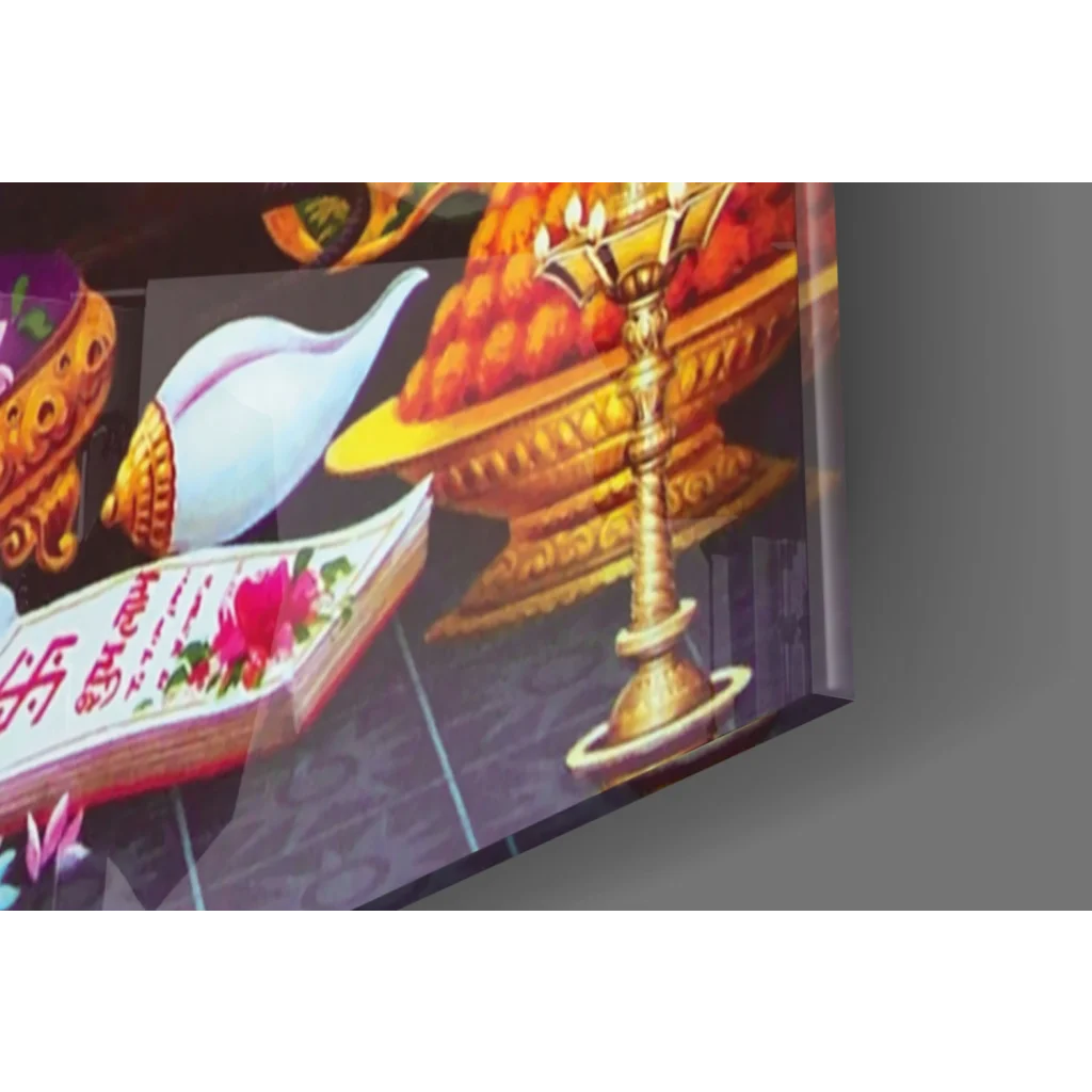 Ganesha glass wall art with golden ornate oil lamp and lit wicks