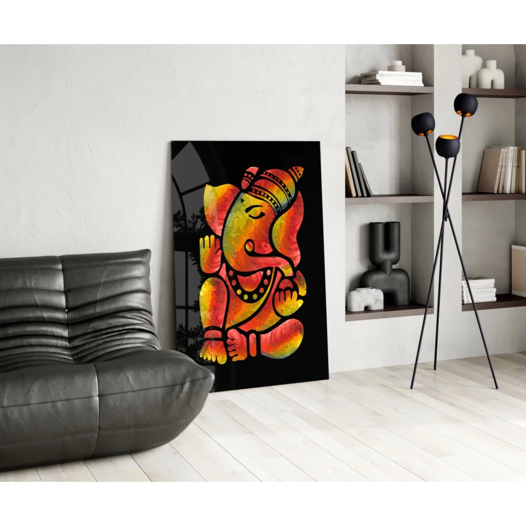 Vibrant multicolored Ganesha glass wall art in fiery orange and yellow on black canvas