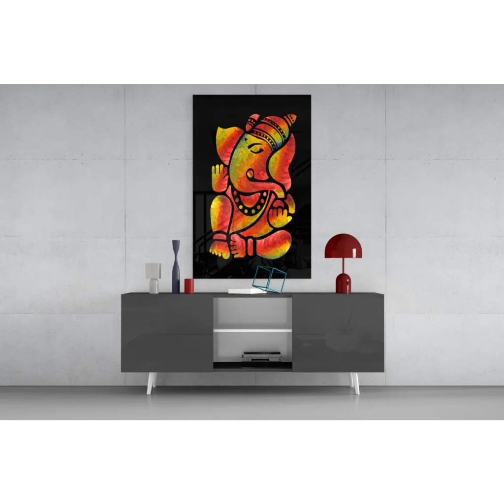 Vibrant orange and yellow Ganesha glass wall art on black canvas