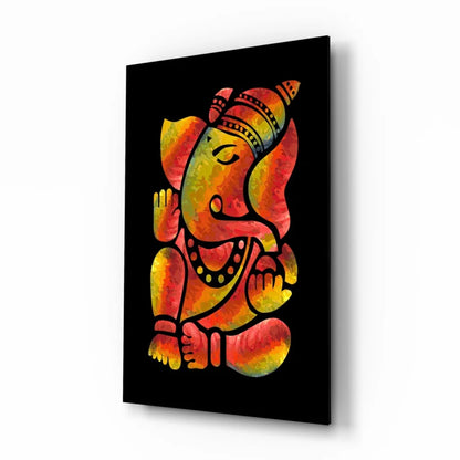 Vibrant Ganesha glass wall art in fiery orange and yellow watercolor style