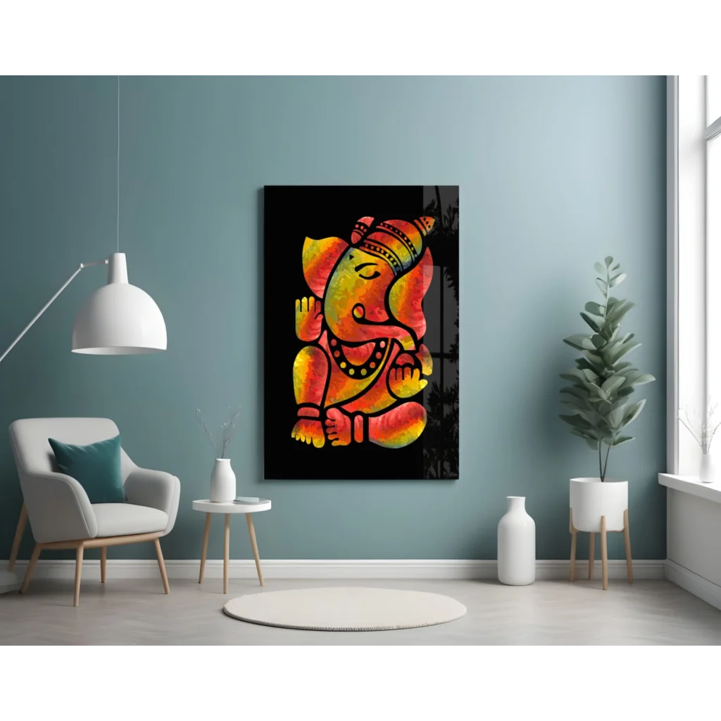 Vibrant Ganesha glass wall art in fiery orange yellow hues