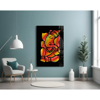 Vibrant Ganesha glass wall art in fiery orange yellow hues