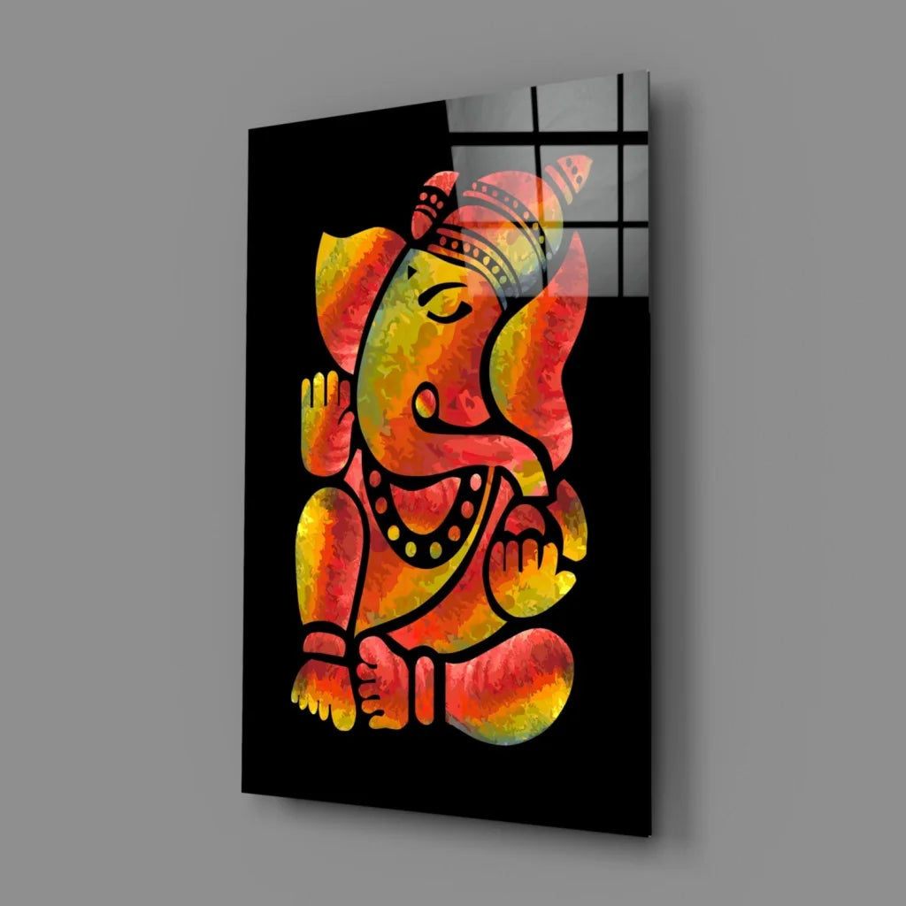 Vibrant Ganesha glass wall art in fiery orange and yellow watercolor style