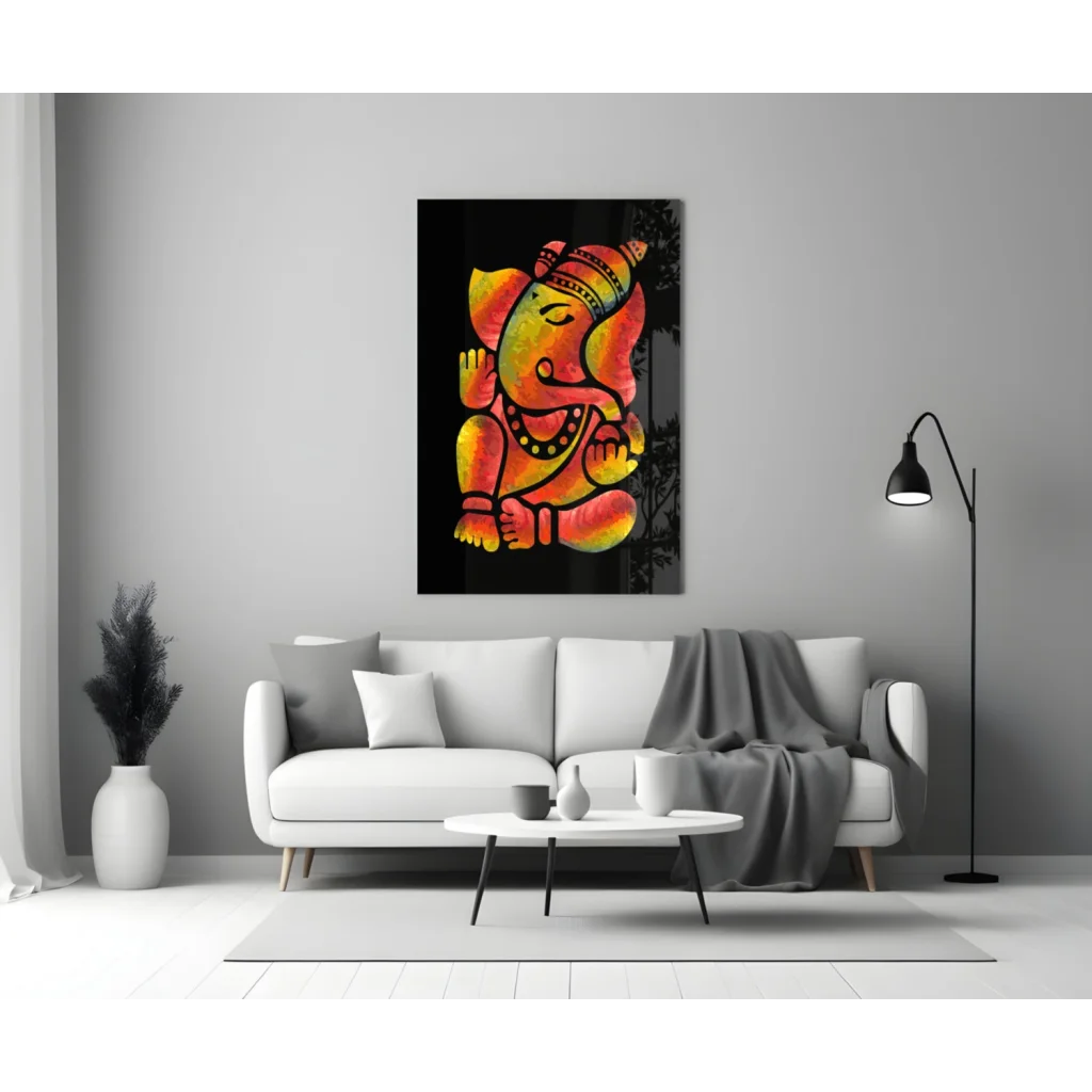 Vibrant orange and yellow Ganesha glass wall art with intricate details