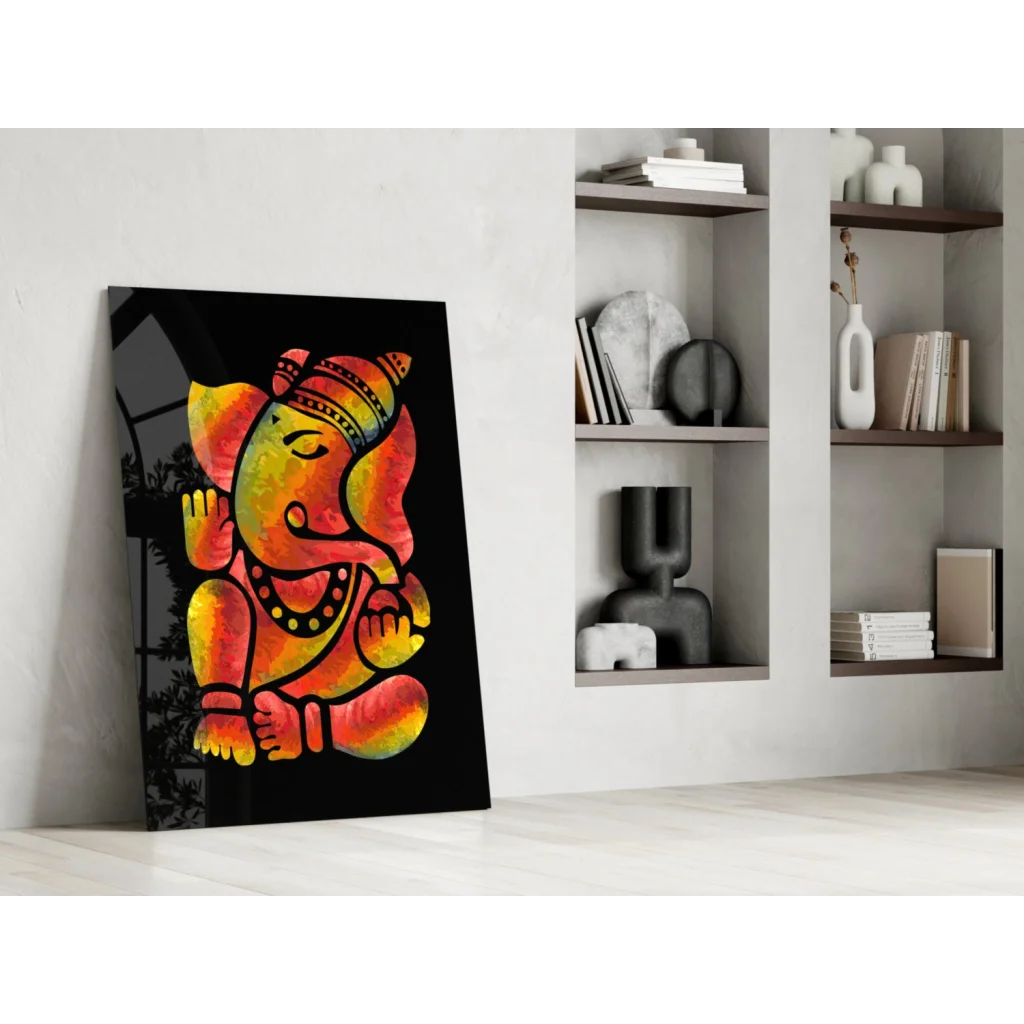 Vibrant Ganesha glass wall art in fiery orange and yellow on black canvas