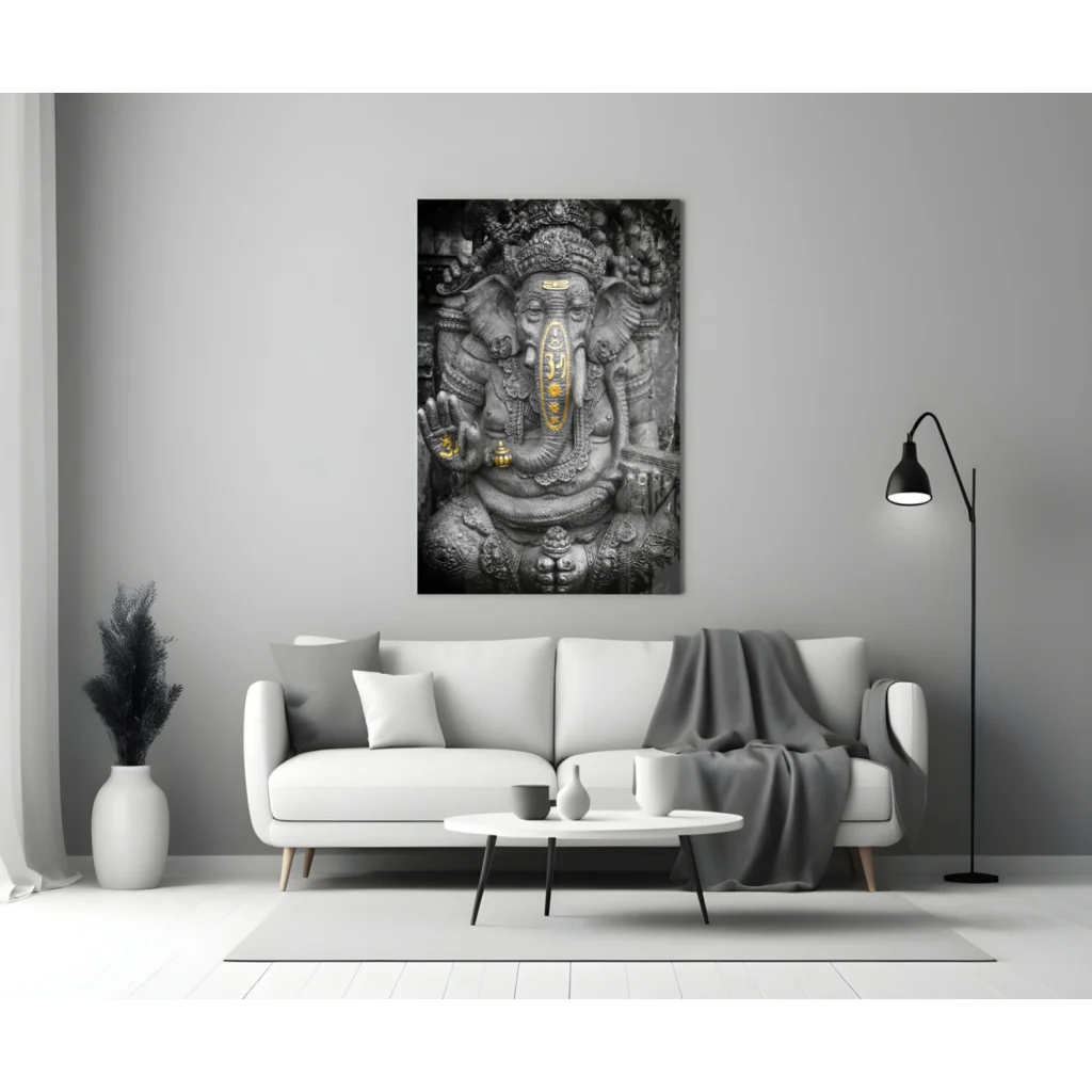 Ornate black-and-white Ganesha glass wall art with gold accents