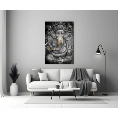 Ornate black-and-white Ganesha glass wall art with gold accents