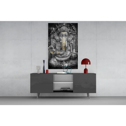Ornate Ganesha gold accent glass wall art in black-and-white frame