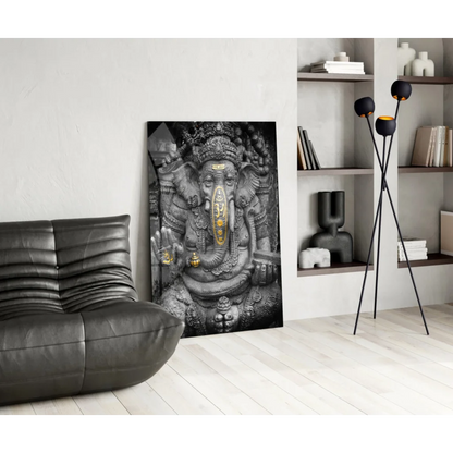 Black and gold Ganesha glass wall art with ornate black white details