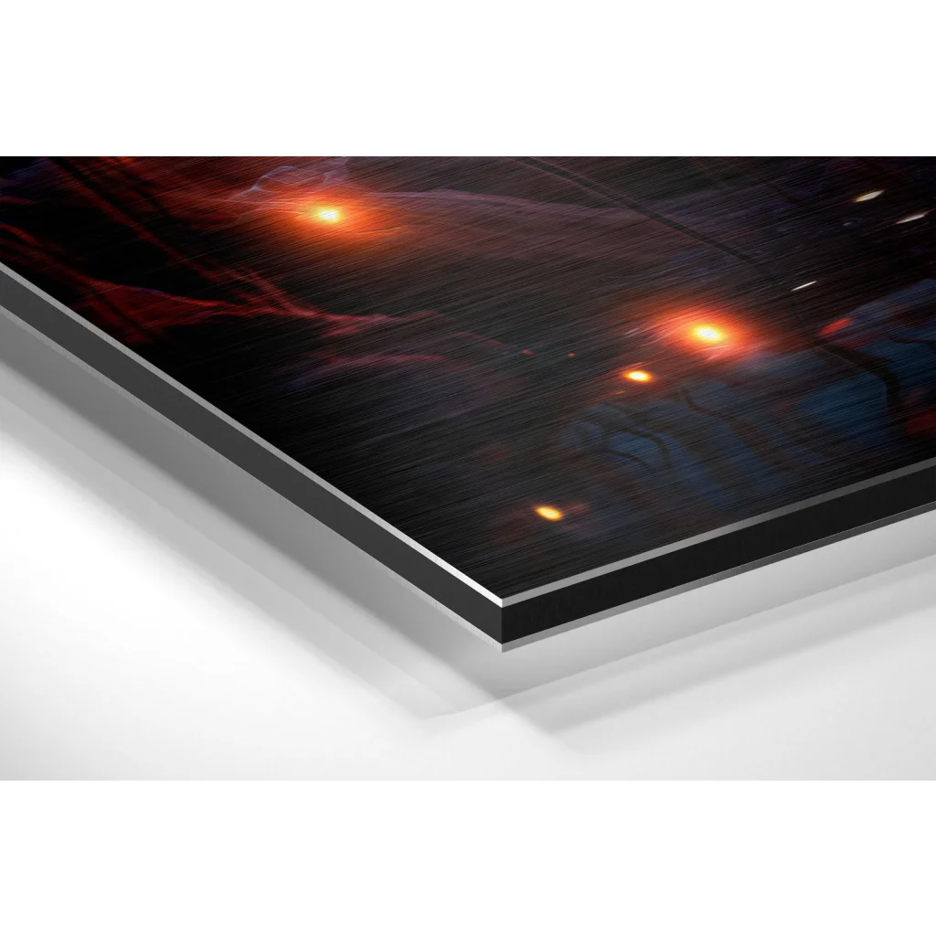 Glass Wall Art Stunning brushed aluminium dibond wall art of cosmic orange stars on red blue nebulae