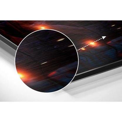 Sleek TV on brushed aluminium dibond wall art with vibrant orange blue lights