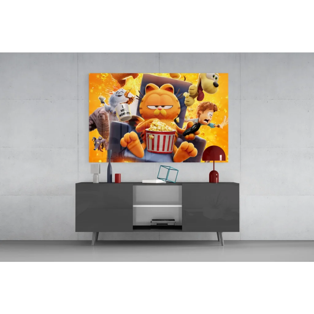 Vibrant Garfield movie poster canvas wall art with orange cat lounging on fiery yellow background