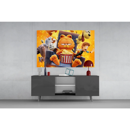 Vibrant Garfield movie poster canvas wall art with orange cat lounging on fiery yellow background