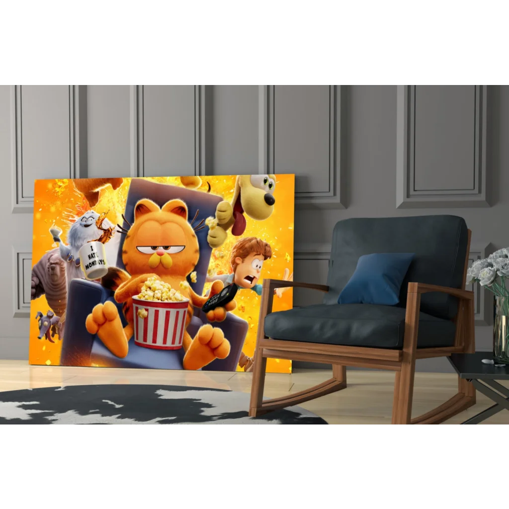 Vibrant Garfield movie poster wall art canvas print with orange cat lounging on popcorn