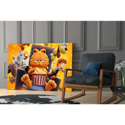 Vibrant Garfield movie poster wall art canvas print with orange cat lounging on popcorn