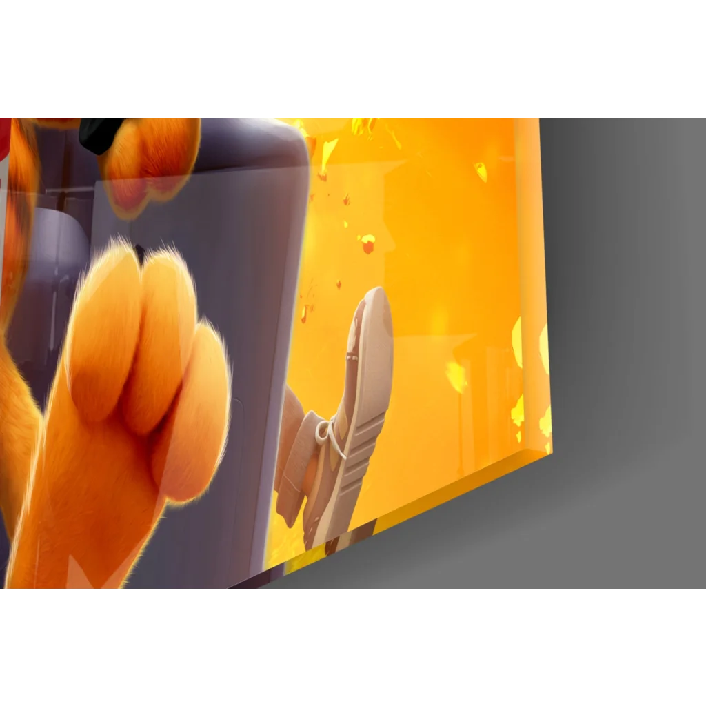 Vibrant Garfield orange paw gripping gray phone on yellow wall art print