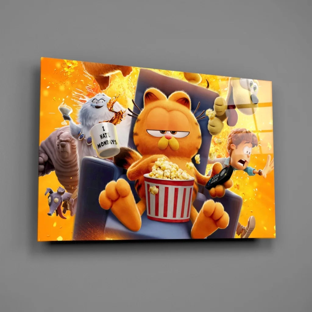 Garfield orange cartoon cat with popcorn bucket wall art print