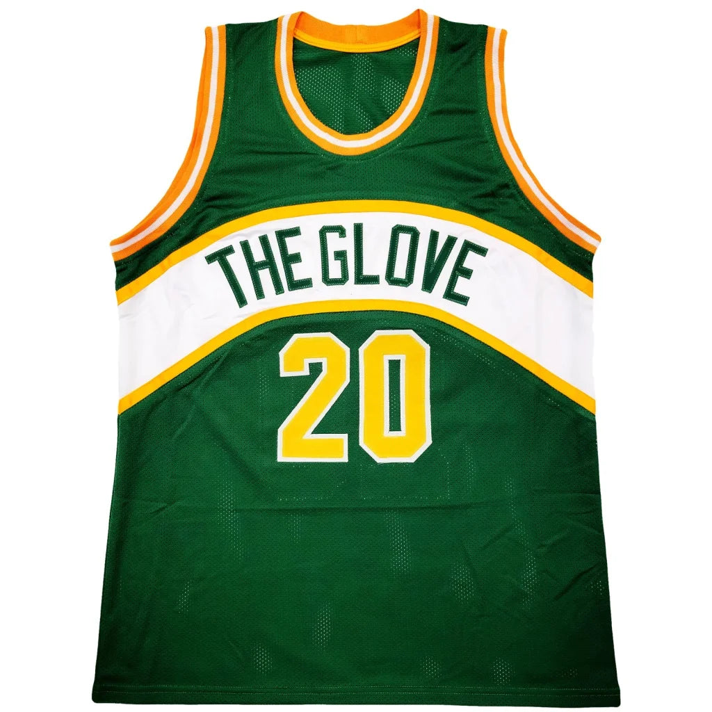 Gary Payton signed custom jersey, green with white yellow accents, number 20, The Glove logo