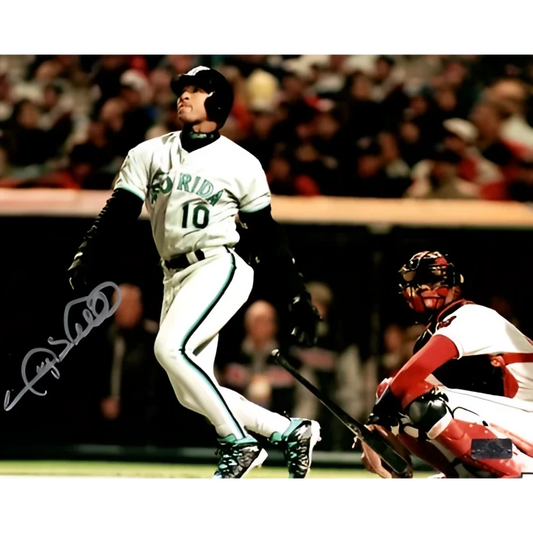 Autographed Florida Marlins 8x10 photo of Gary Sheffield jersey