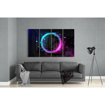Vibrant neon glow circle glass wall art in electric blue and pink