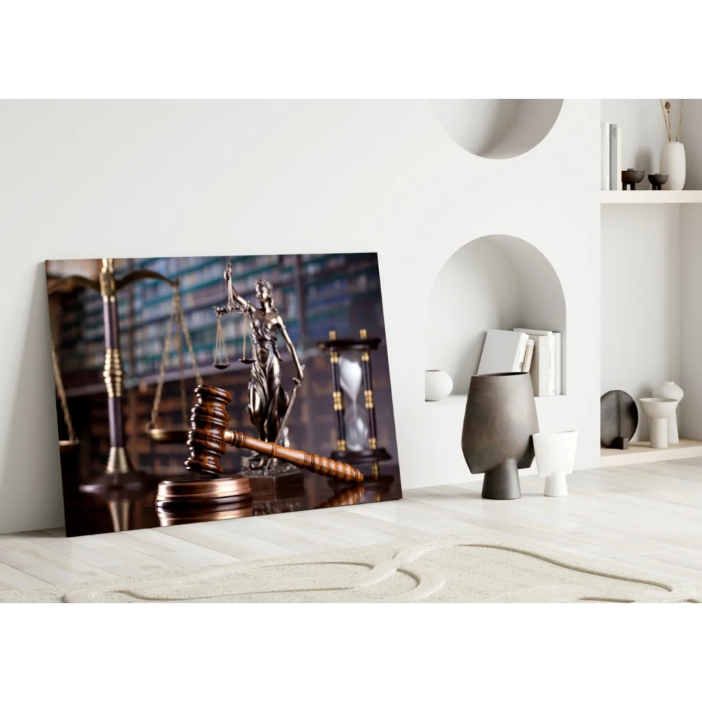 Lady Justice canvas wall art with gavel and hourglass print