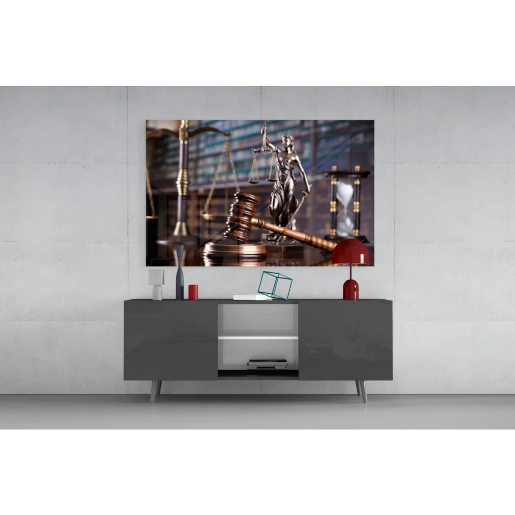 Lady Justice metallic statue wall art with gavel and hourglass