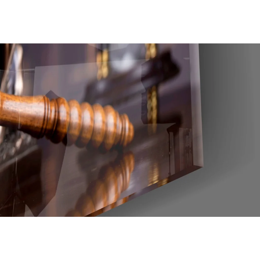 Polished wooden gavel with spiral handle in Lady Justice glass wall art
