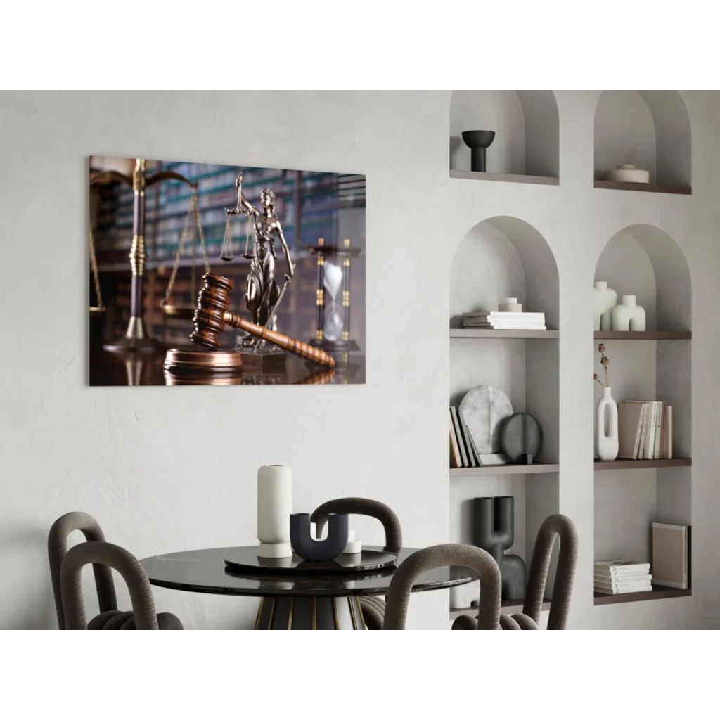 Lady Justice metallic statue with scale, sword, gavel, hourglass wall art