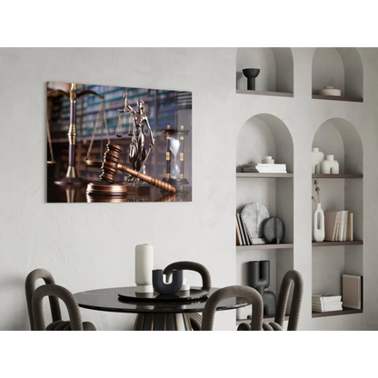 Lady Justice metallic statue with scale, sword, gavel, hourglass wall art