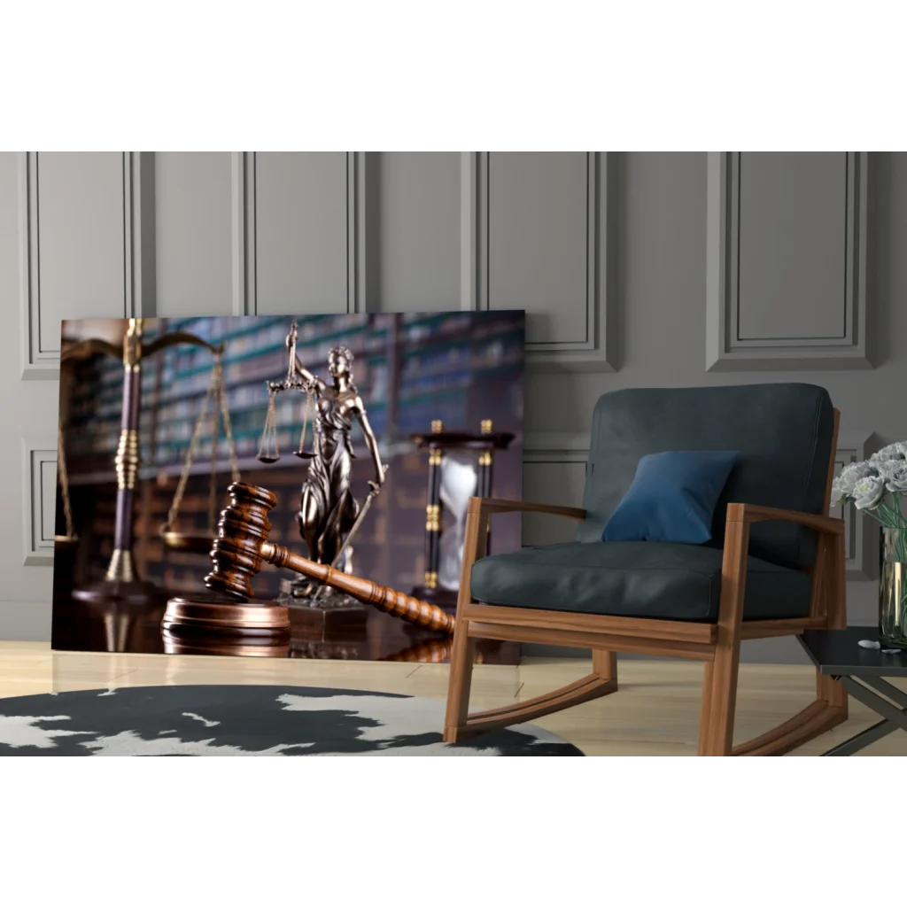 Lady Justice silver canvas wall art with gold scales, gavel, hourglass