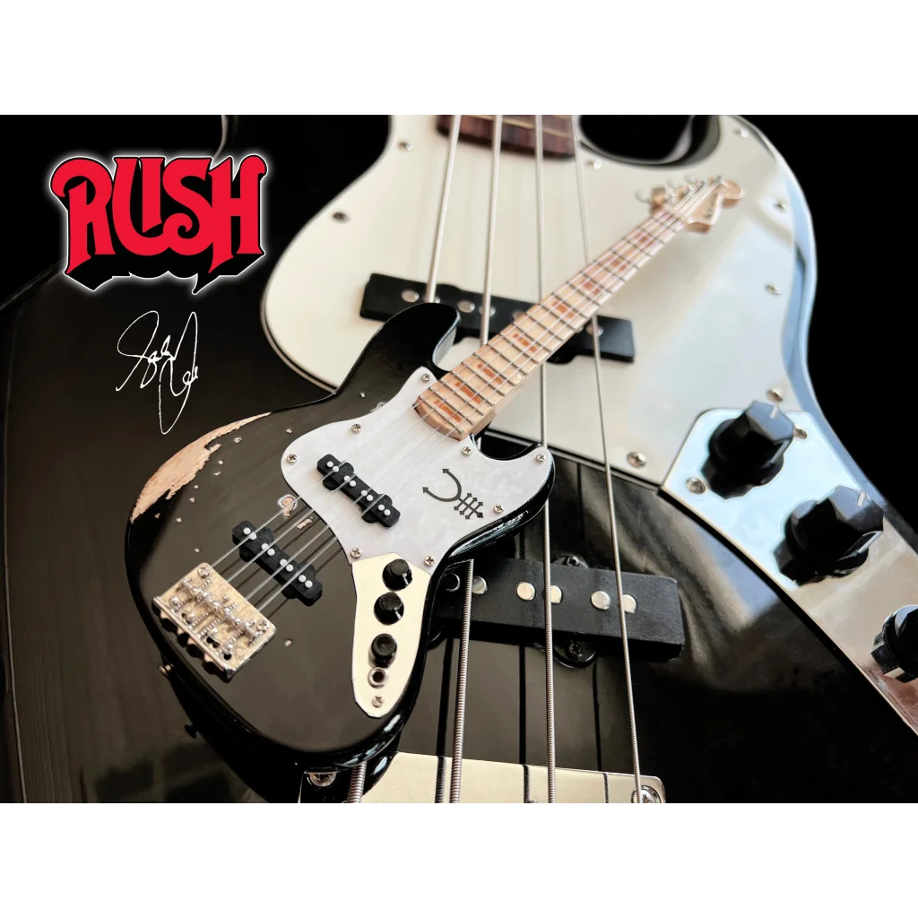 Geddy Lee officially licensed mini black and white Rush bass with axe heaven® adjustable A-Frame stand