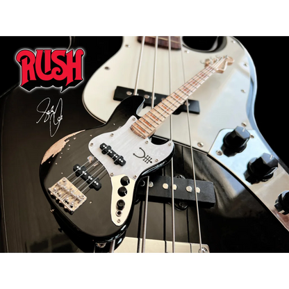 Geddy Lee officially licensed mini black and white Rush bass with axe heaven® adjustable A-Frame stand