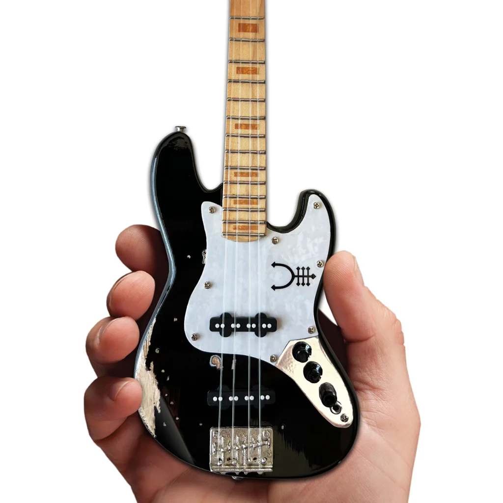 Black mini Fender-style guitar with white pickguard, silver hardware, Axe Heaven officially licensed, adjustable A-Frame stand