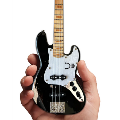 Black mini Fender-style guitar with white pickguard, silver hardware, Axe Heaven officially licensed, adjustable A-Frame stand
