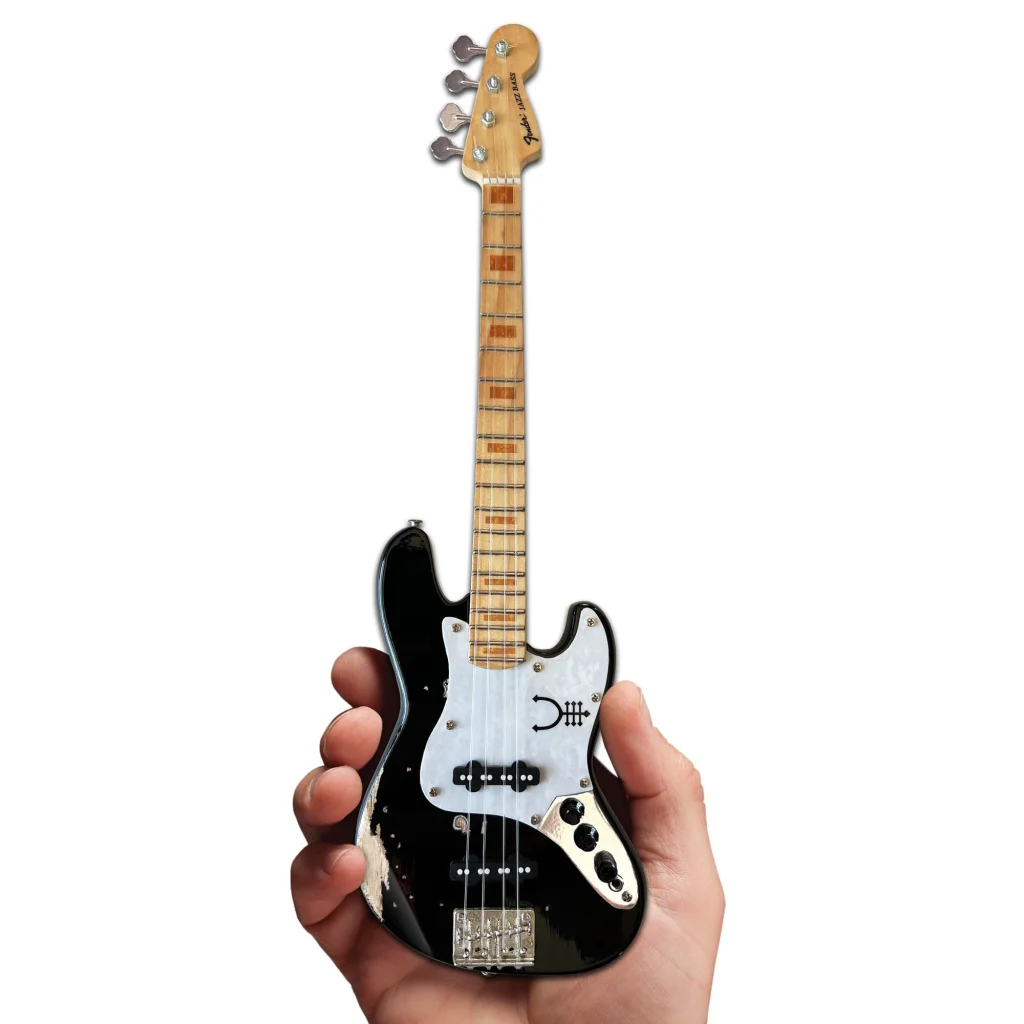 Black and white Geddy Lee mini bass with maple neck, Axe Heaven® officially licensed adjustable A-frame stand