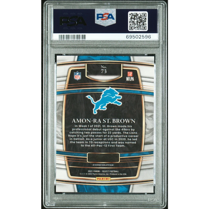 A graded Gem Mint 10 Amon Ra St Brown 2021 Select football card in product display