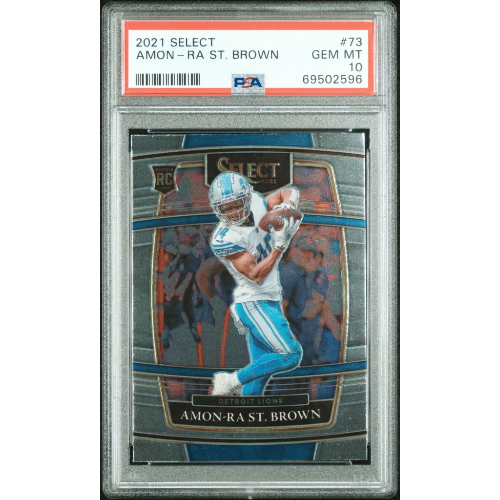 A graded Gem Mint 10 2021 Amon Ra St Brown Select football card in the product image