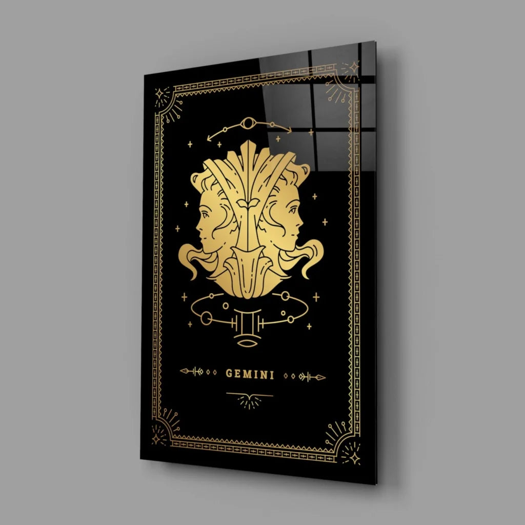 Stunning Gold Gemini Glass Wall Art with Celestial Design | Glass Wall Art Print | vintageantiquesgifts.com