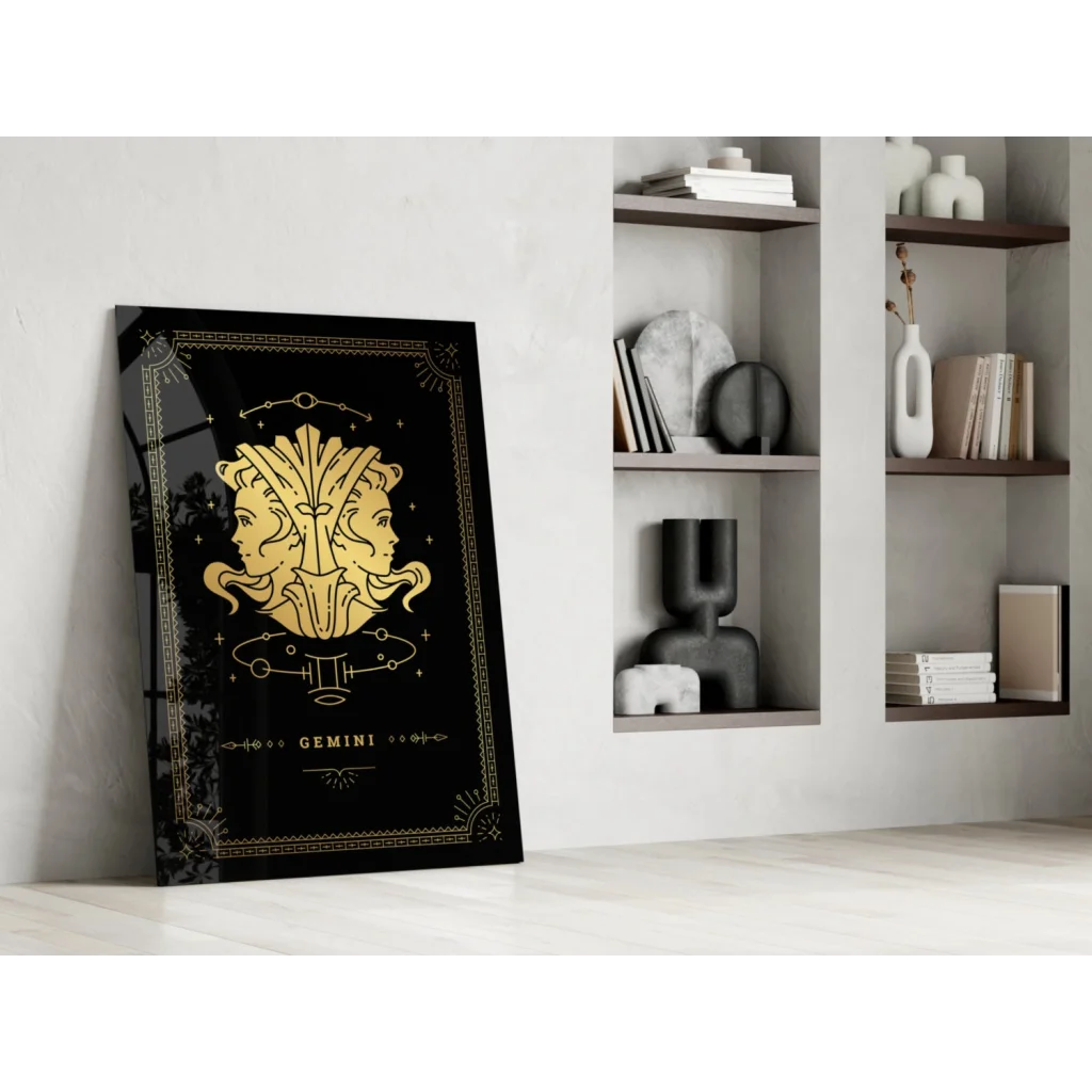 Gold Gemini glass wall art with celestial zodiac design