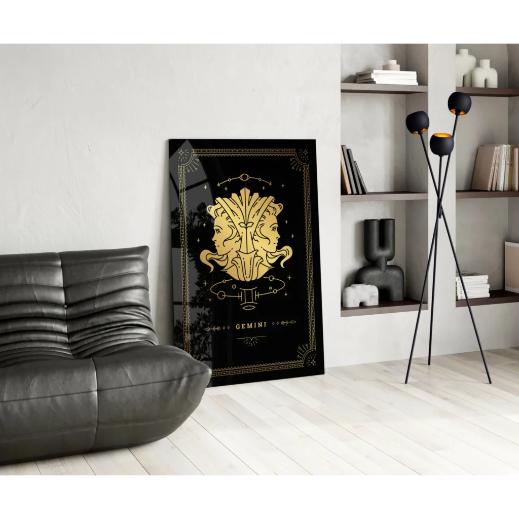 Gold-embossed Gemini glass wall art with celestial design